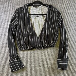 Forever 21 Womens S Black White Pinstripe Wrap Crop Top Long Sleeve